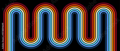 Vintage striped retro background, colorful curved lines. 1970s 1980s 1990s style abstract wave pattern for poster, banner or cover