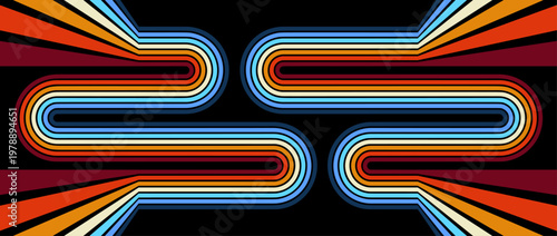 Abstract retro striped background with curved lines. Vintage 1970s 1980s colorful wave pattern