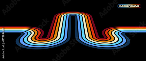 Abstract retro striped background with curved lines. Vintage 1970s 1980s colorful wave pattern