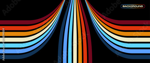 Vintage striped retro background, colorful curved lines. 1970s 1980s 1990s style abstract wave pattern for poster, banner or cover