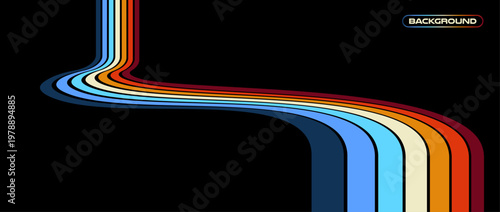 Vintage striped retro background, colorful curved lines. 1970s 1980s 1990s style abstract wave pattern for poster, banner or cover