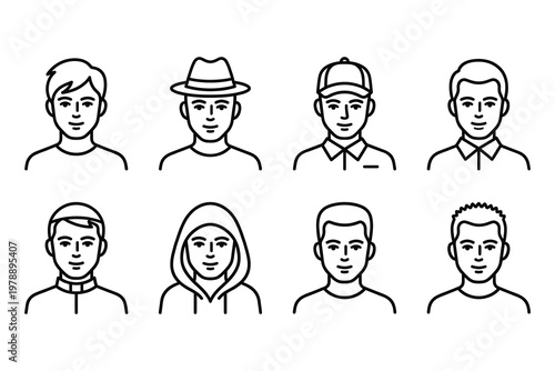 Collection of diverse male head icons with various hats and hairstyles baseball cap line art male fashion hairstyles portrait illustration character