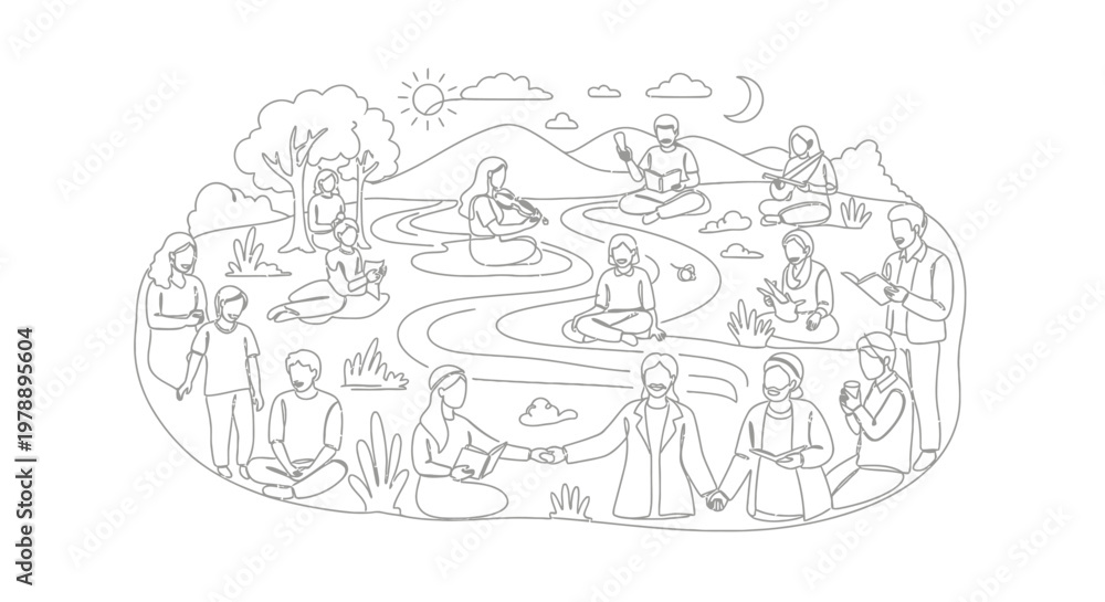 Obraz premium Diverse Group Meditating Outdoors, Serene Landscape with People, Nature, Spirituality