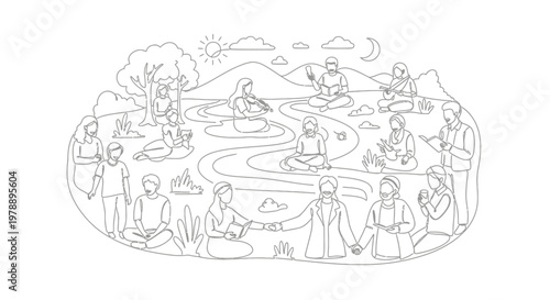 Diverse Group Meditating Outdoors, Serene Landscape with People, Nature, Spirituality