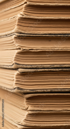Close-up of a stack of old vintage books with weathered yellowed pages. Detailed texture of antique paper edges in a library. Concept of history, wisdom, education, and literature archive.