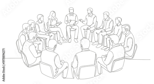 Diverse group of people in circle meeting discussing ideas, brainstorming, teamwork, communication