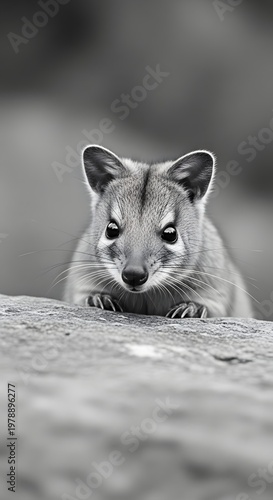 An adorable quokka curiously peeks over a stone, rendered in a striking grayscale.