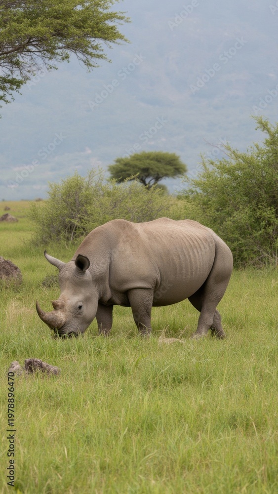 Fototapeta premium A solitary rhinoceros grazes on the savannah, its body relaxed in the wild.