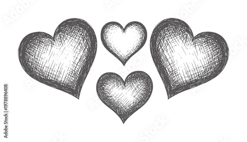 Four hand drawn grey hearts with sketchy texture white love romance