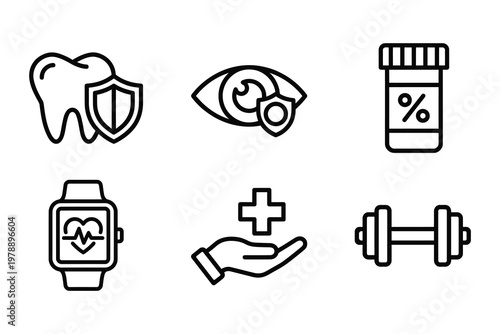 Healthcare and wellness icon collection with vision care health monitoring health benefits wellness protection prescription smartwatch heartbeat