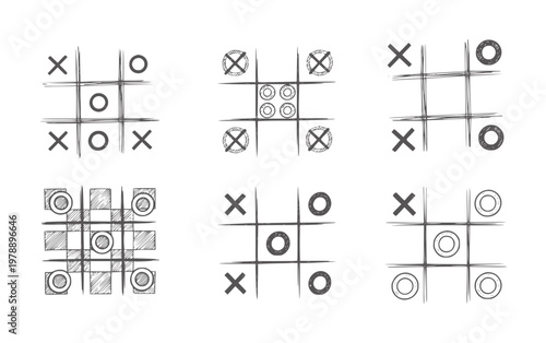 Six tic tac toe game boards with x and o symbols in various stages