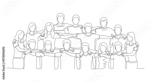 Diverse group of people standing together, arms around shoulders, unity and teamwork concept