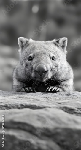 A close-up, black and white photograph showcases a wombat, looking curious and alert. The monochrome tones highlight its unique features.
