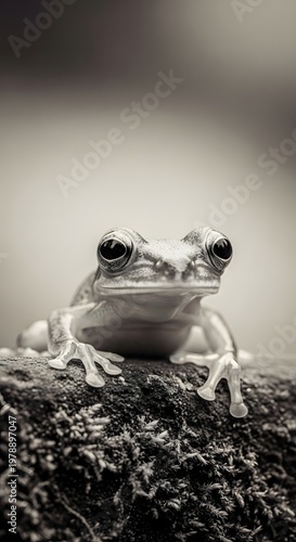 A charming monochrome captures a tree frog resting. This captivating image showcases the frog's detailed features and serene demeanor.