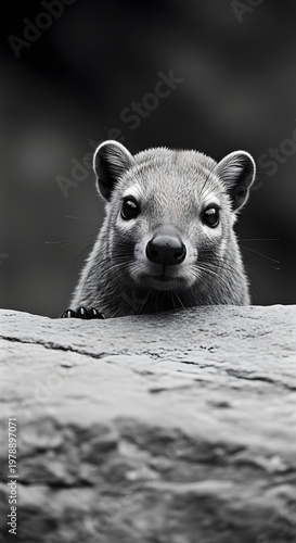 An up-close and personal, high-contrast black-and-white portrait of a captivating rock hyrax peering over a stone, revealing its endearing and inquisitive nature. 
