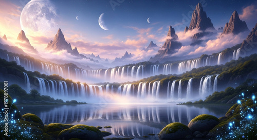 A serene fantasy landscape with waterfalls and mountains under a moonlit sky with multiple celestial bodies visible