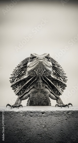 A majestic frilled-neck lizard in monochromatic tones gazes stoically, its distinctive frill a striking emblem of the untamed wilderness.