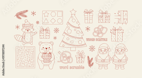 Christmas Activity Sheet for Kids with Maze Word Scramble Coloring Page Santa Bear Raccoon Puzzles
