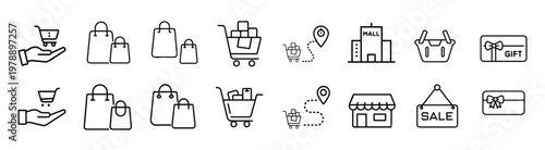 Shopping and retail line icons set featuring shopping cart, bags, delivery tracking, mall building, basket, store front, and gift card vector illustration with editable stroke.