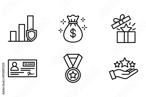 Financial success and rewards icon set with protection certificate appreciation recognition business investment security achievement collection