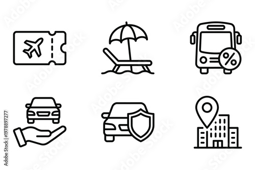 Travel and transportation icon set for services with lounge chair transportation airplane umbrella percentage insurance location building business