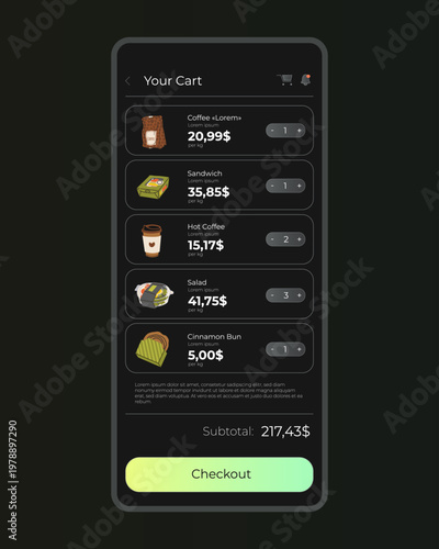 Dark mode grocery cart UI. Modern mobile interface with selected items, pricing and quantity controls. Clean ecommerce design for food delivery apps with night theme user experience.
