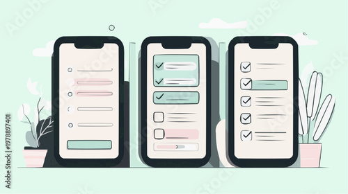Flat vector illustration of three smartphones displaying habit tracking interfaces, suitable for productivity apps, wellness blogs, or digital planning advertisements.
