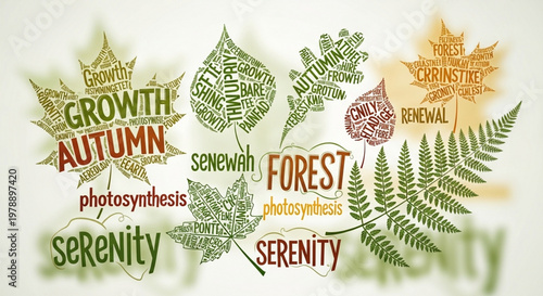 A colorful illustration of leaves and words related to nature and growth on a beige background
