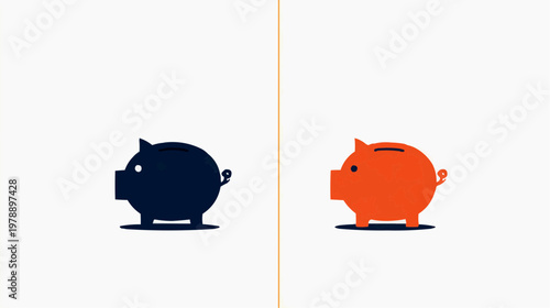 Flat vector illustration of two piggy banks, one dark and one orange, split by a line, suitable for financial concepts or comparison graphics.