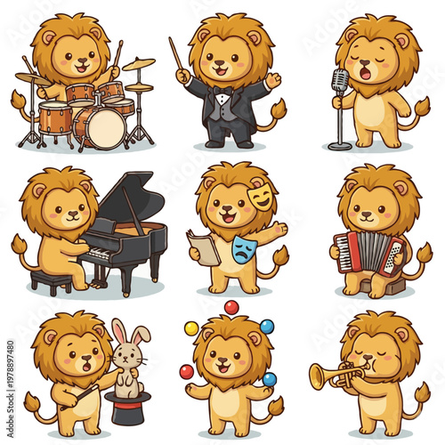 Set of 9 Cute Lion Characters - Kawaii Lion Playing Drums, Orchestra Conductor, Singer, Pianist, Actor with Masks, Accordionist, Magician, Juggler, and Trumpet Player - Vector Illustration
