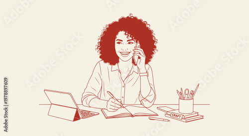 Young curly haired woman working at desk talking on mobile phone and taking notes line art vector