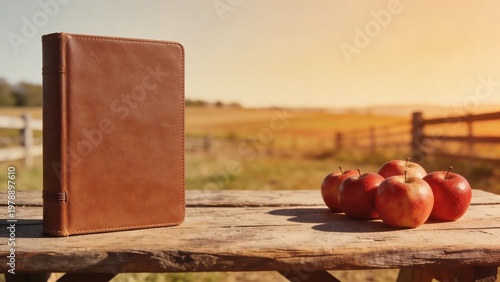 A leather-bound book and apples on a rustic wooden table at sunset