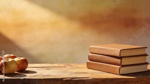 Stack of books and apples on a wooden table with warm sunlight