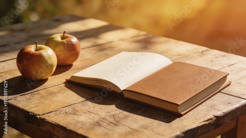 Open book and apples on a rustic wooden table in warm sunlight