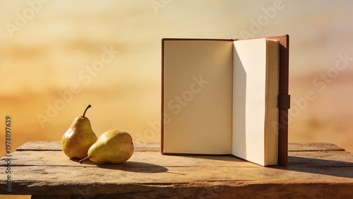 Open book and pears on rustic wooden table with warm sunset background