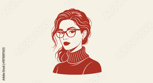 Elegant Vector Illustration of a Sophisticated Woman with Glasses and Red Turtleneck Sweater