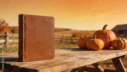 Leather-bound book and pumpkins on rustic table during autumn harvest