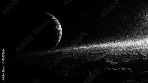 Crescent moon over planet surface depicted in stipple art style. Cosmic landscape with dark outer space and stars. Abstract celestial scene created with vector dot shading technique.