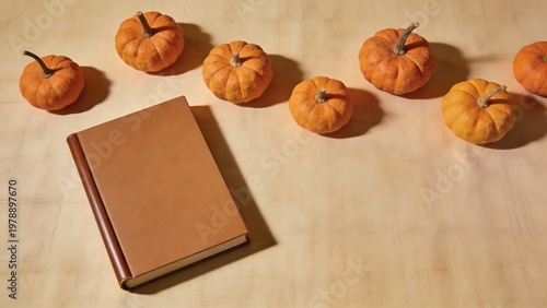 National Book Day celebration with pumpkins and a classic book on a wooden surface