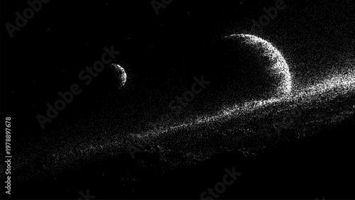 Space scene with planet and moon created in stipple art style. Abstract vector graphic featuring dotted astronomical objects. Cosmic background design for science and galaxy theme.