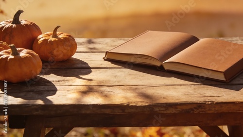 Open book and pumpkins on a rustic wooden table in autumn sunlight