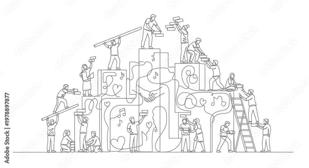 Fototapeta premium Teamwork building a complex structure with human figures and heart symbols