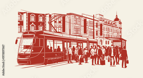 Vector illustration of a modern red tram at a city station with passengers boarding in the street.