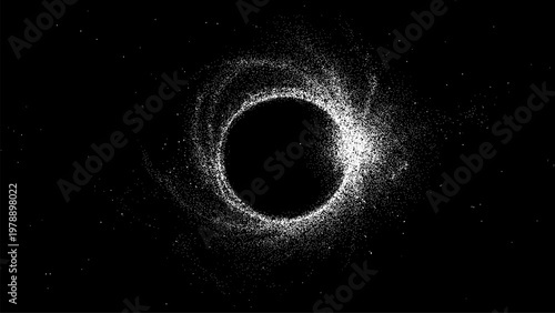 Black hole in deep space with stipple effect. Abstract cosmic background created with dot pattern. Astronomical phenomenon visual art for science fiction theme and galaxy project.