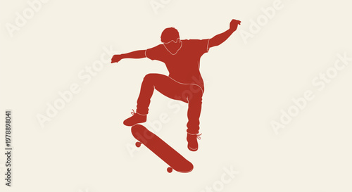 Red Skateboarder Silhouette Jumping Mid-Air Graphic Illustration on Cream Background Artwork