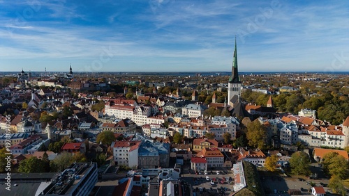 Photography Drone View of Tallinn Old Town and St Olaf Church in Autumn