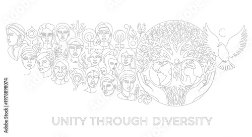 Unity Through Diversity: Global Community, Tree of Life, Hands Holding Earth, Dove