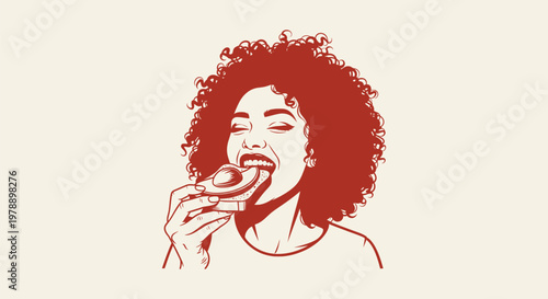 Illustration of a happy young woman with curly hair eating delicious avocado toast breakfast toast.