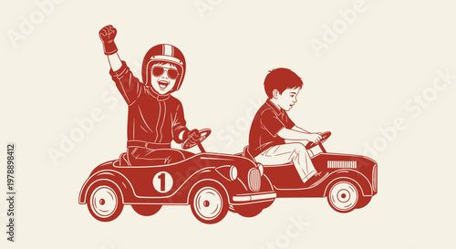 Red Retro Line Art of Two Boys Competing in a Pedal Car Race with One Child Celebrating his Victory
