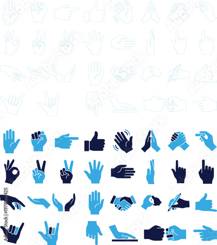 Tableau sur toile Collection of hand gesture icons in outline and solid filled styles on white